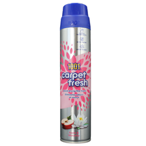 Aerosol can of carpet freshener with floral design on a white background