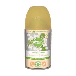 A yellow aerosol can of Airpure air freshener refill in Jasmine scent, indicating up to 70 days of freshness.