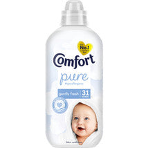 Comfort pure detergent bottle with a baby's face on the label against a white background