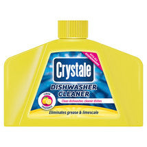 Yellow bottle of Crystale dishwasher cleaner on a white background