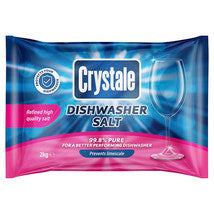 Packaging of Crystale dishwasher salt with a blue and pink design.