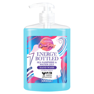 A pump bottle of CUSSONS CREATIONS handwash with a label featuring sea green and water lily graphics.