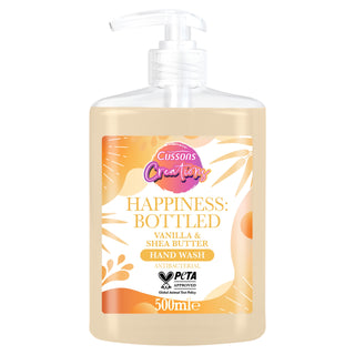 A clear plastic bottle of Cussons Creations handwash with a label that reads 'Happiness: Bottled. Vanilla & Shea Butter Hand Wash 500ml'.