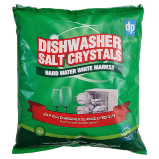 A green package of DRI-PAK dishwasher granular salt crystals with product information and branding visible.