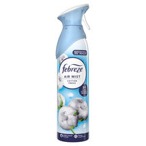 Febreze Air Mist cleaning spray can with a white and light blue design, featuring a cotton flower graphic on the front.