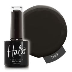 A bottle of Halo gel nail polish in the shade Black,